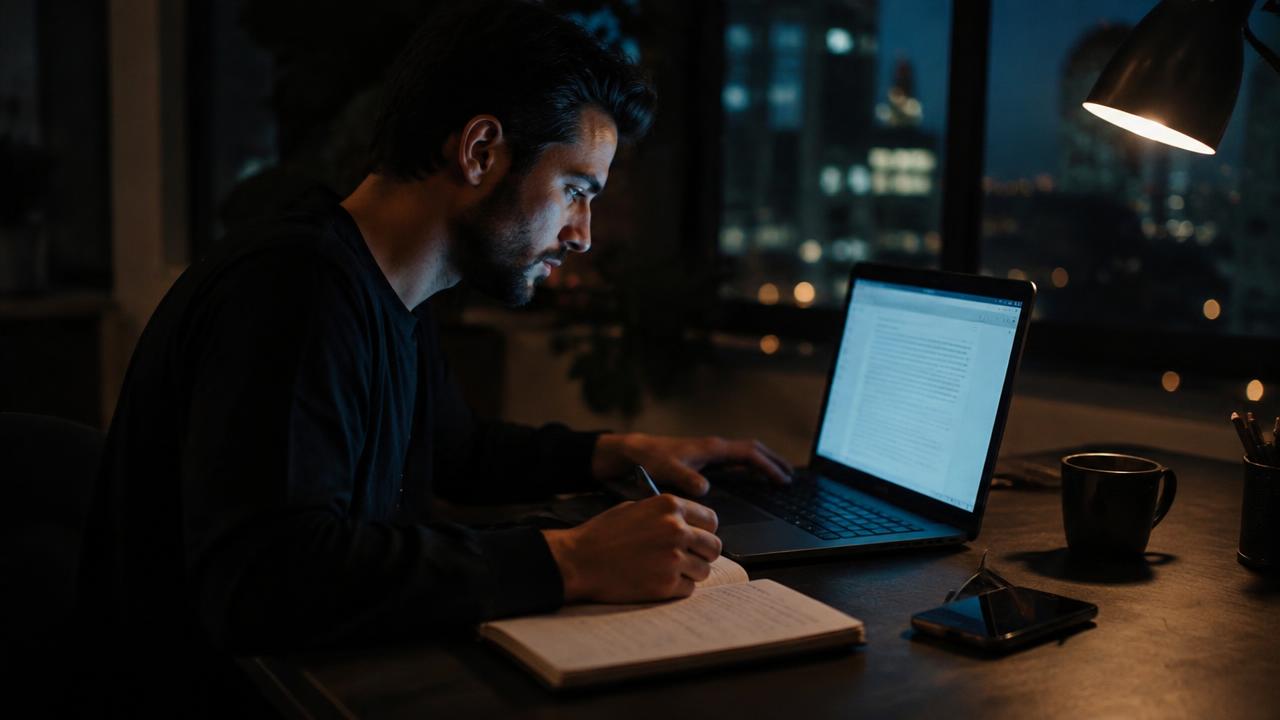 Entrepreneur writing on a laptop at night