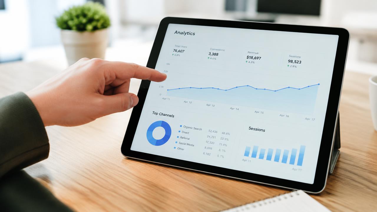 Tablet showing an analytics dashboard with a line chart