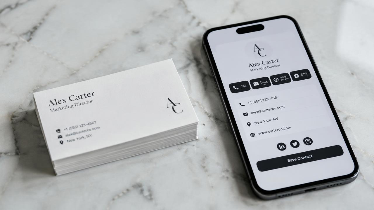 Paper business cards next to a phone showing a digital card