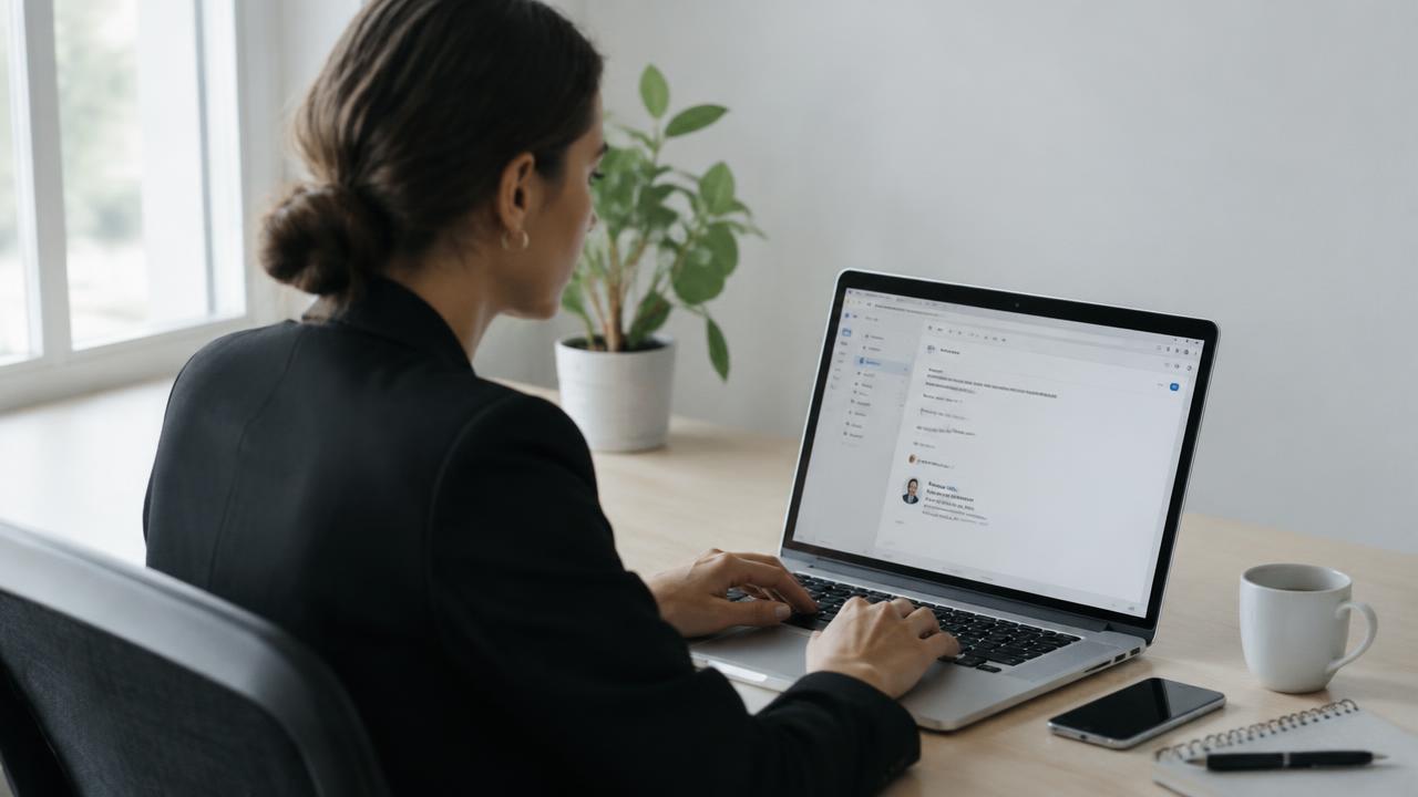 Professional woman writing an email on a laptop