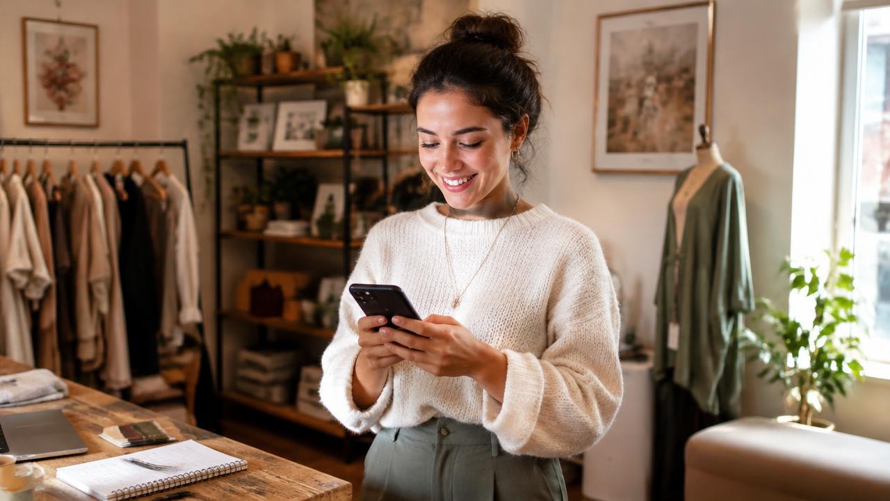 Small business owner smiling at a new inquiry on her phone