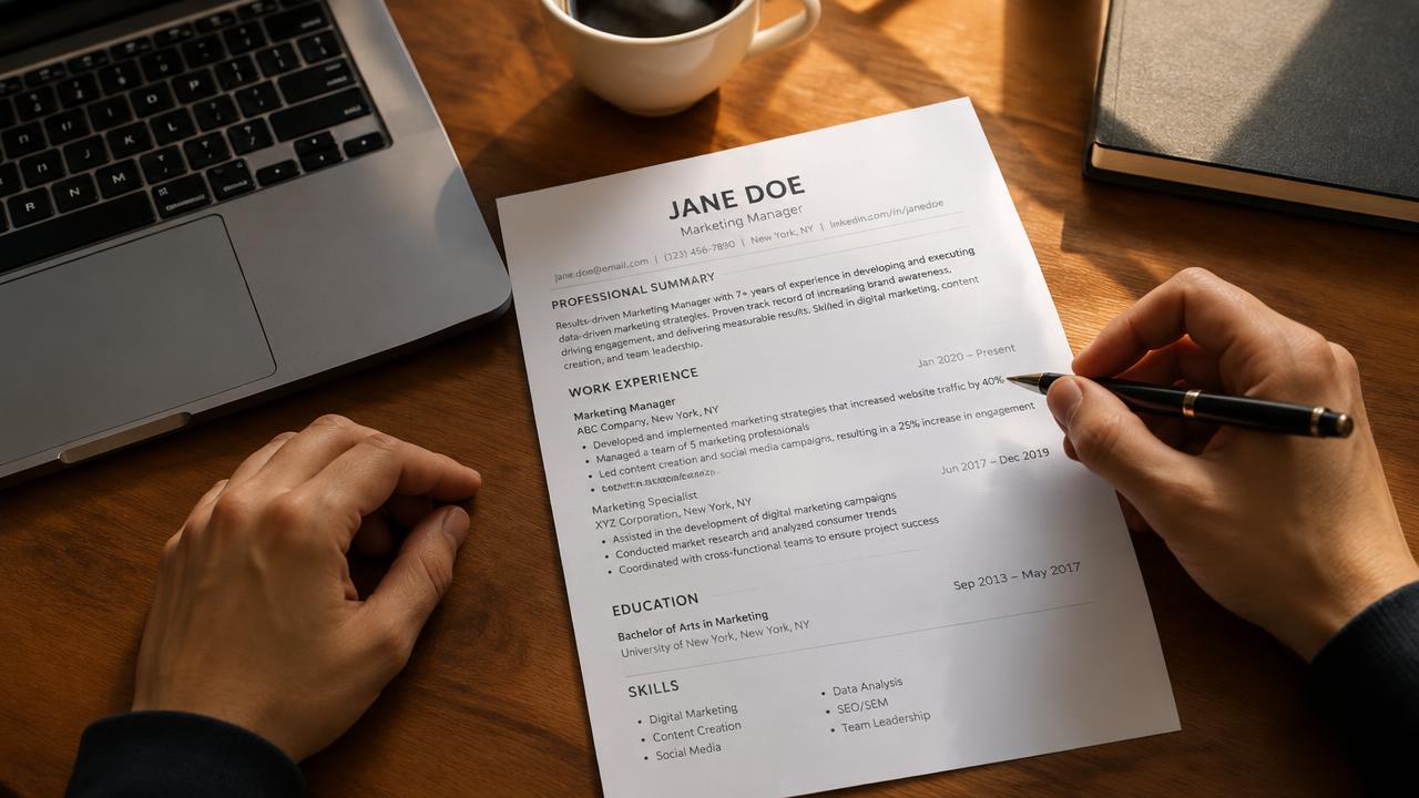 Printed resume on a wooden desk with a laptop and coffee