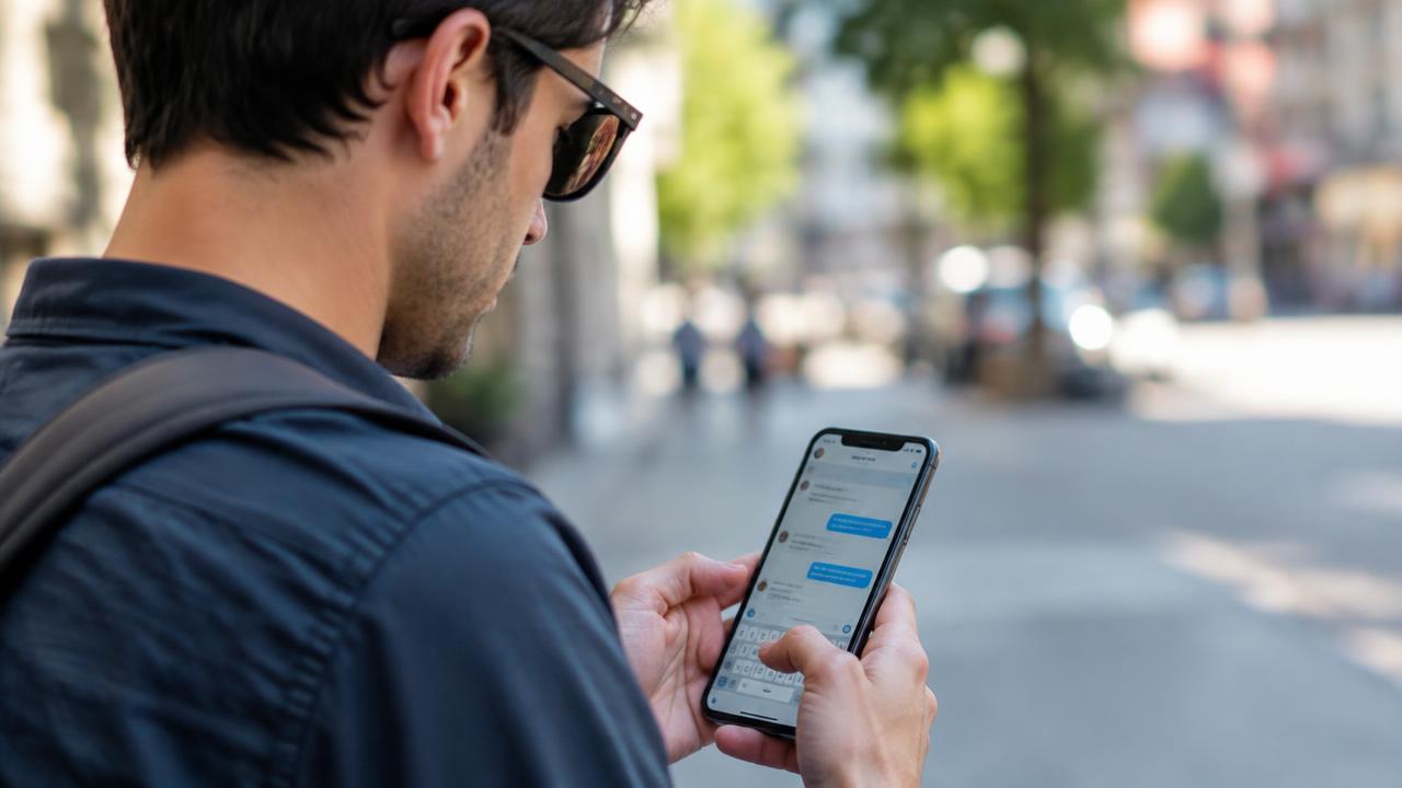 Man sending a message on his phone on a sunny street